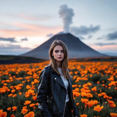 The primary subject of the image is a woman standing in a field of flowers. The setting is a beautiful outdoor environment with a mountain in the background. The visual style is a photo, capturing the woman's presence in the field of flowers. The colors and mood of the image are vibrant and serene, with the woman surrounded by a field of orange flowers.